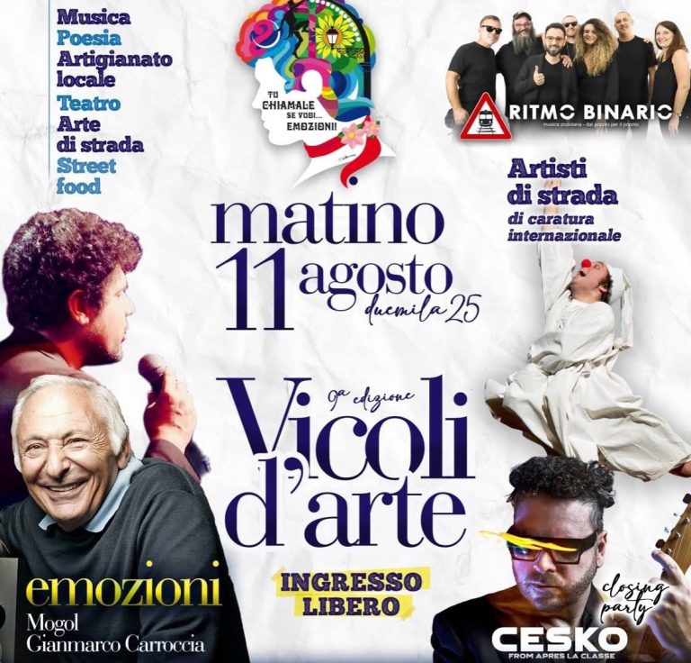 Nona edizione per “Vicoli d’Arte” a Matino con Apres la Classe, Ritmo Binario e Gianmarco Carroccia con Mogol